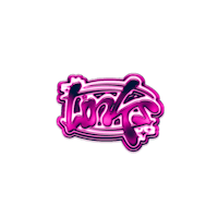 a pink and blue logo with graffiti on it