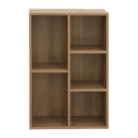 a wooden bookcase with four shelves on a black background